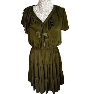 Lauren By Ralph Lauren Olive Green Dress with Ruffle Top, Women’s Size 12. EUC